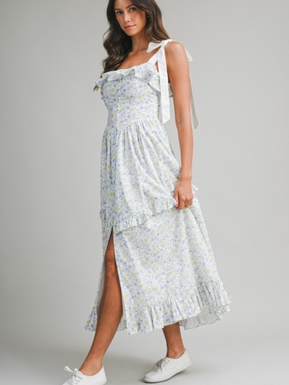 Floral Printed Contrast Shoulder Strap Midi Dress - Picture 3 of 7